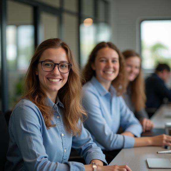 Smiling team members of Anatolian Getaways in a modern office setting