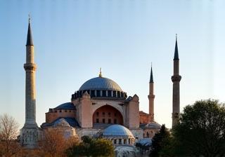 View of Hagia Sophia and Blue Mosque in Istanbul at sunset