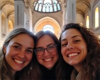 Cheerful group of travelers taking a selfie in front of Hagia Sophia, Istanbul