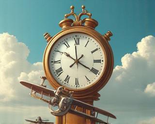 Clock with airplane flying around it, symbolizing last-minute travel deals