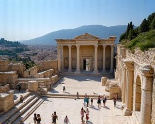 Group of tourists exploring Ephesus ancient city in Turkey